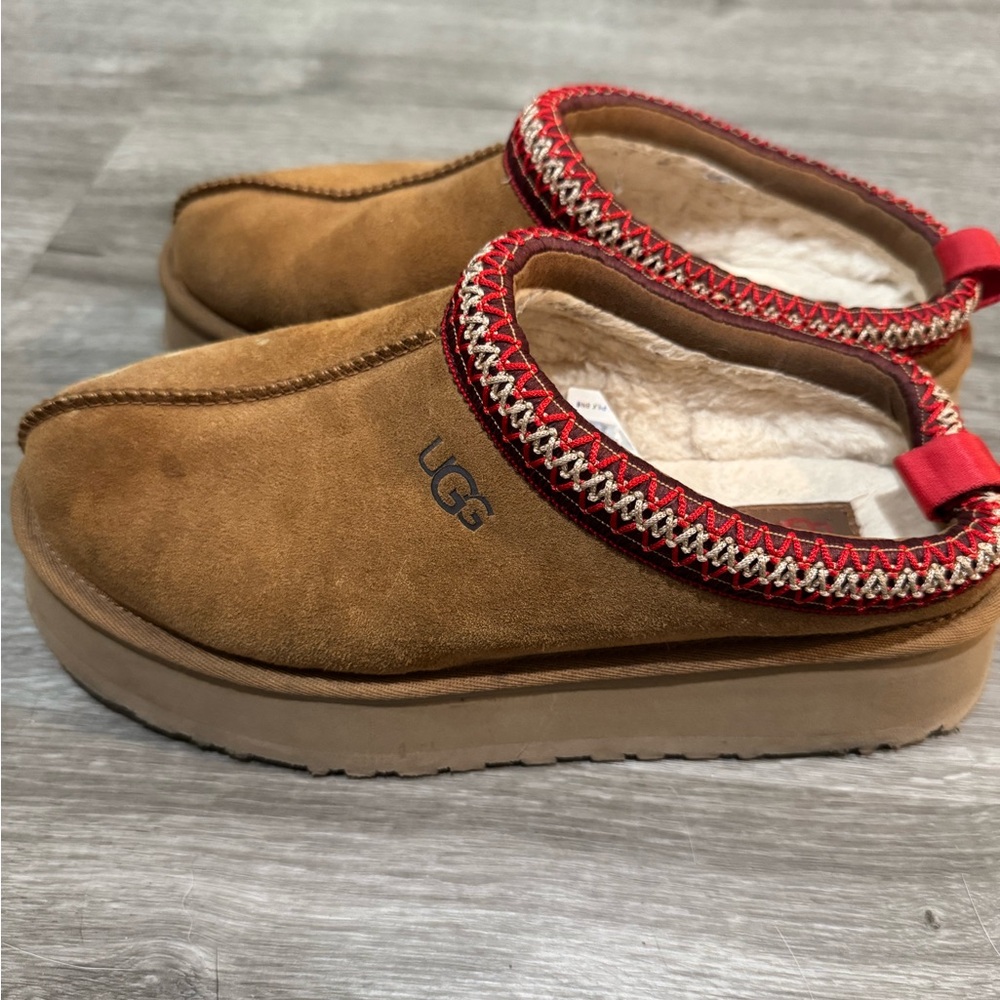 UGG Tazz II Brown Suede Slip-On Shoes with Red Trim